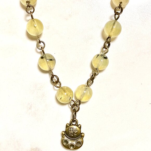 Natural Yellow Green Prehnite Necklace, Bronze Fortune Cat + Genuine Gemstone - Picture 5 of 16